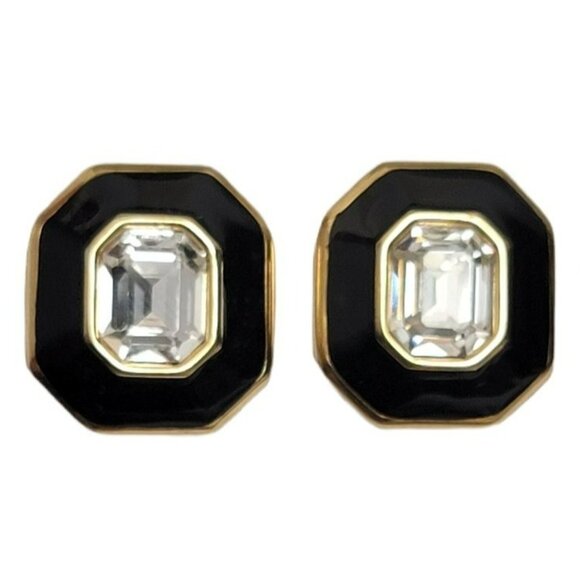 Monet Black Enamel Clear Crystal Faceted Rhinestone Center Clip-On Earrings - Picture 10 of 10